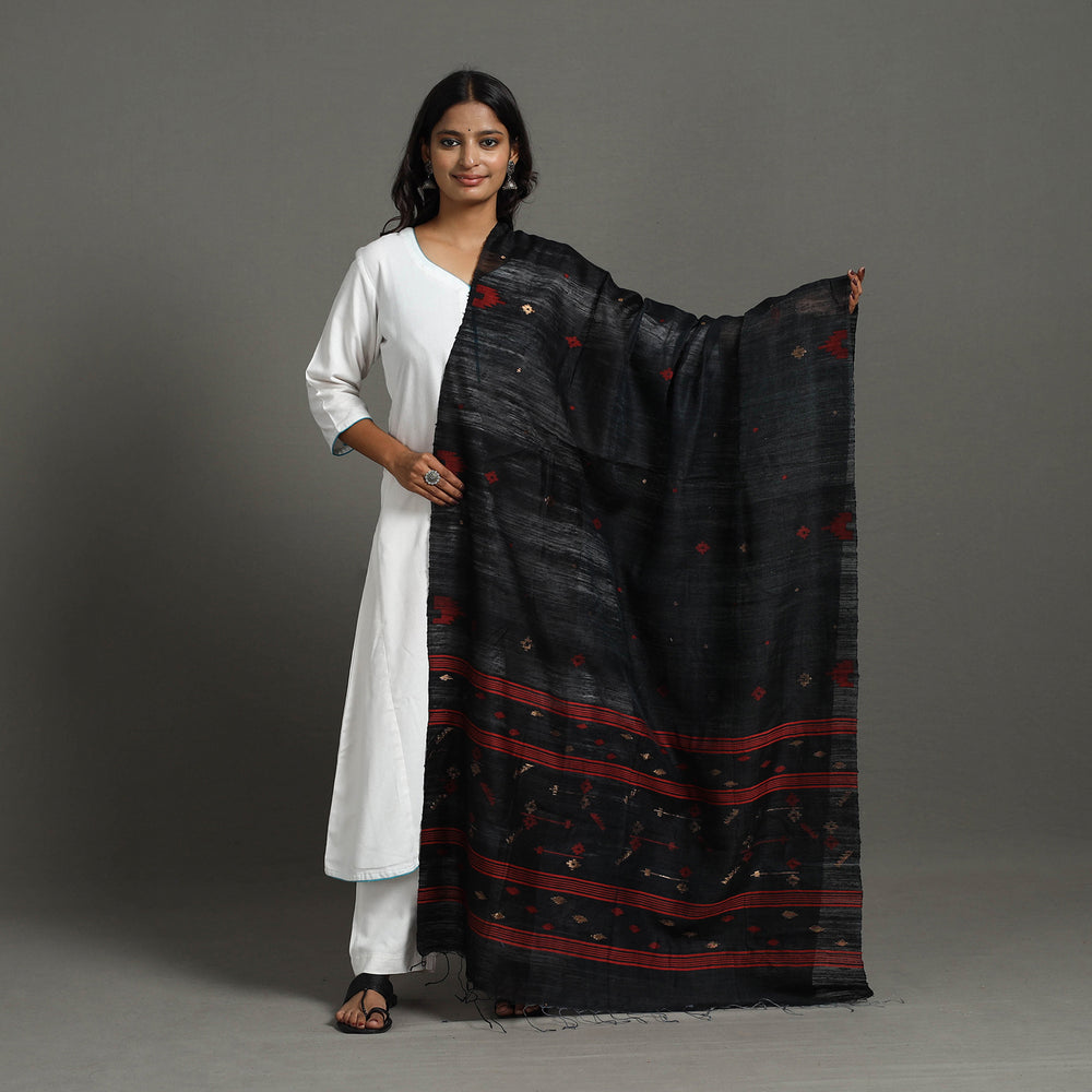 Black - Bengal Matka Tussar Silk Handloom Dupatta 38