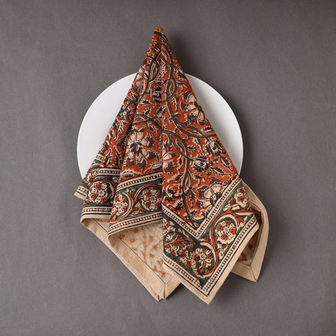 Orange - Pedana Kalamkari Block Printed Cotton Napkin (18 x 18 in) 04