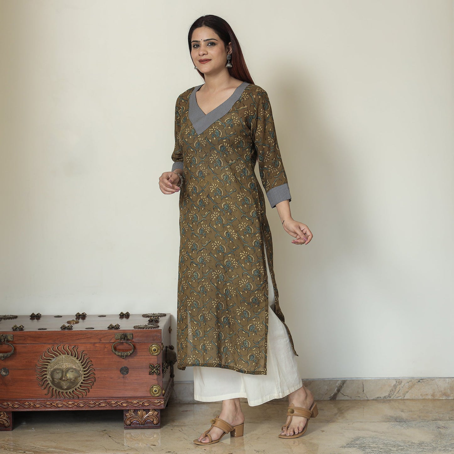 Brown - Mehndi Green - Ajrakh Block Printed Mul Cotton Straight Kurta 11