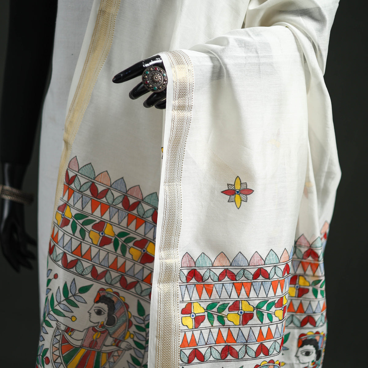 Handloom Chanderi Silk Handpainted Madhubani Dupatta with Zari Border 30