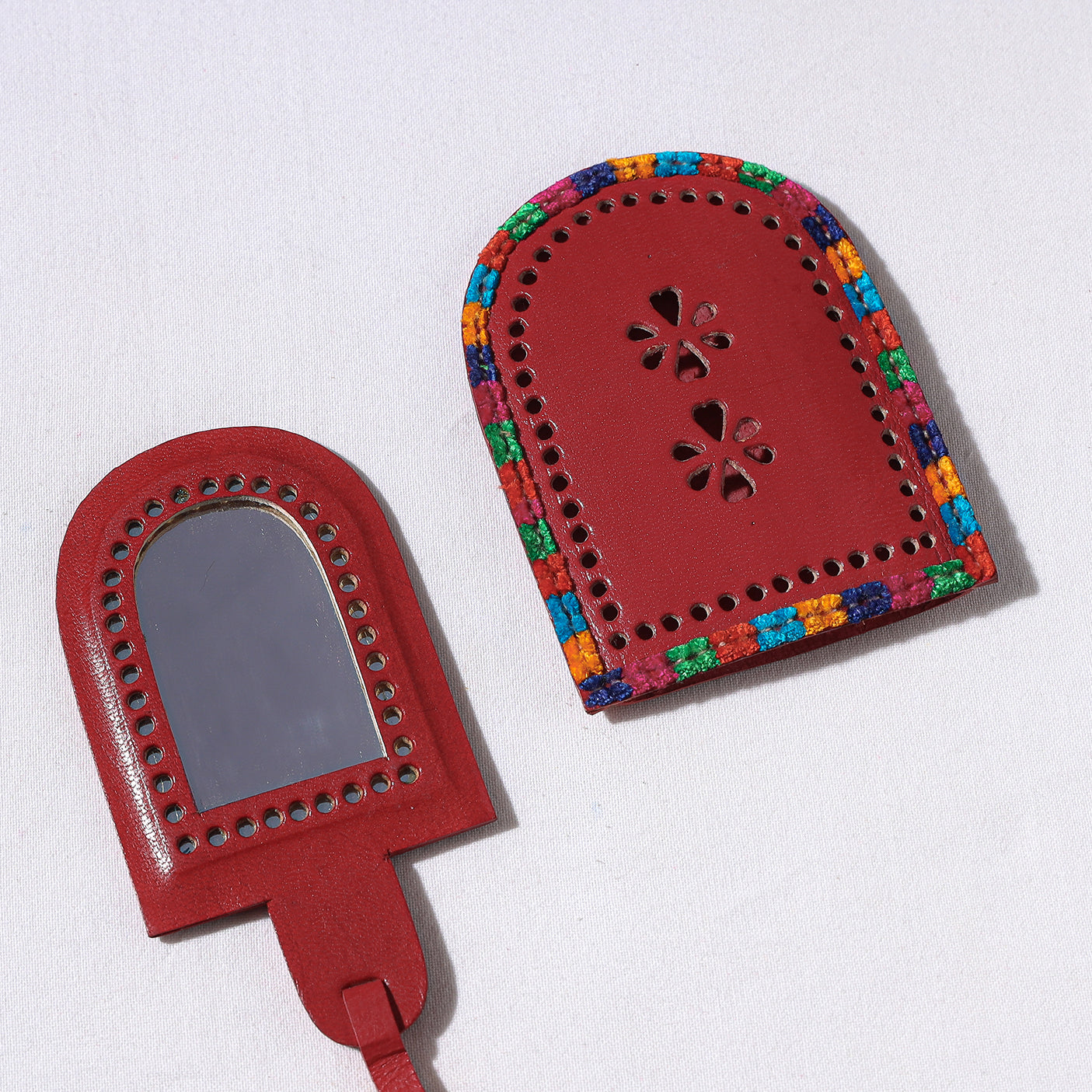 Handcrafted Kutch Cutwork Leather Hand Mirror with Pouch