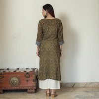 Brown - Mehndi Green - Ajrakh Block Printed Mul Cotton Straight Kurta 11