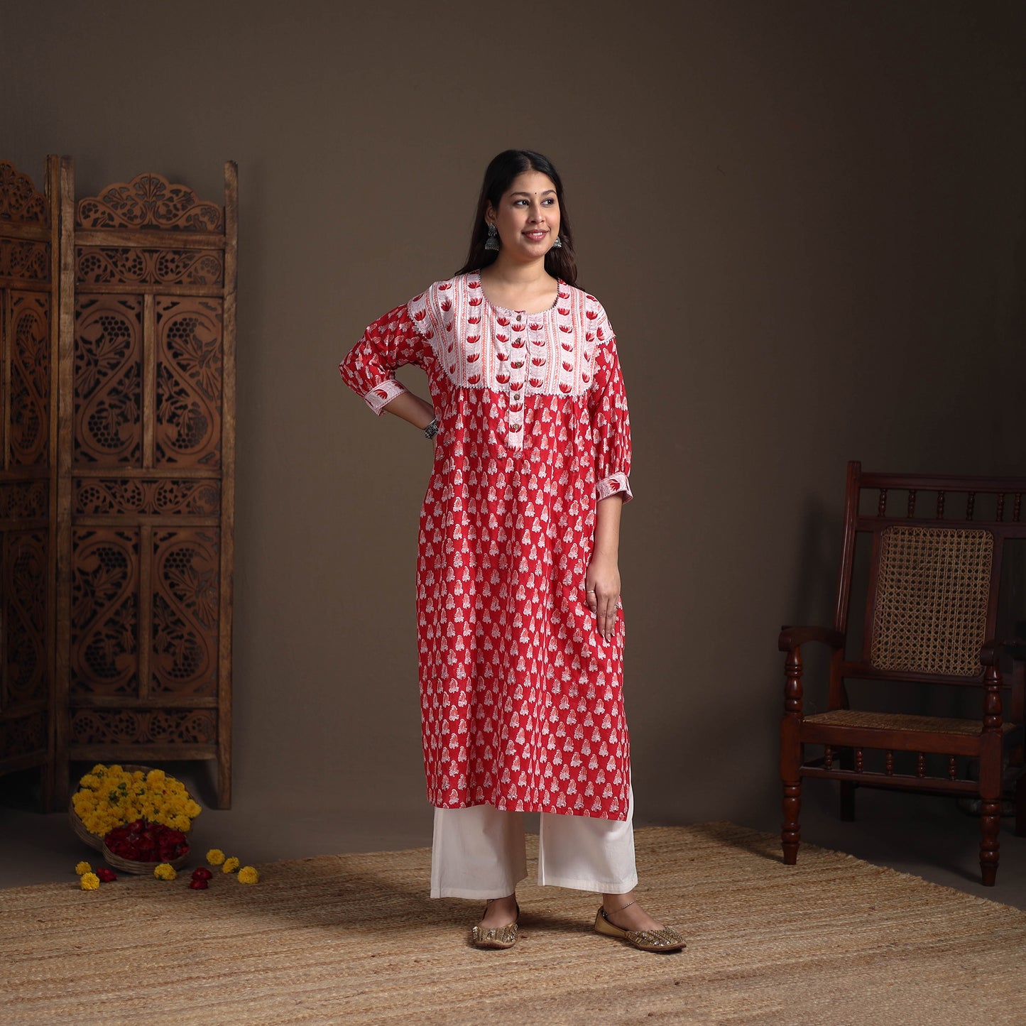 Gota Work Floral Sanganeri Block Print Cotton Straight Long Kurta for Women 08