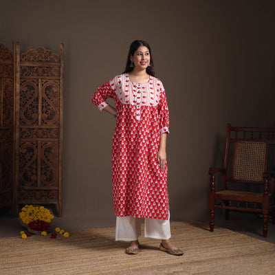 Gota Work Floral Sanganeri Block Print Cotton Straight Long Kurta for Women 08