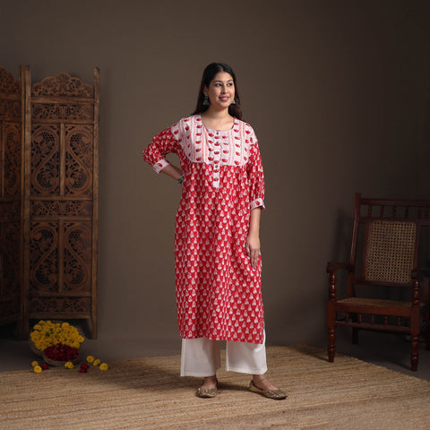 Gota Work Floral Sanganeri Block Print Cotton Straight Long Kurta for Women 08