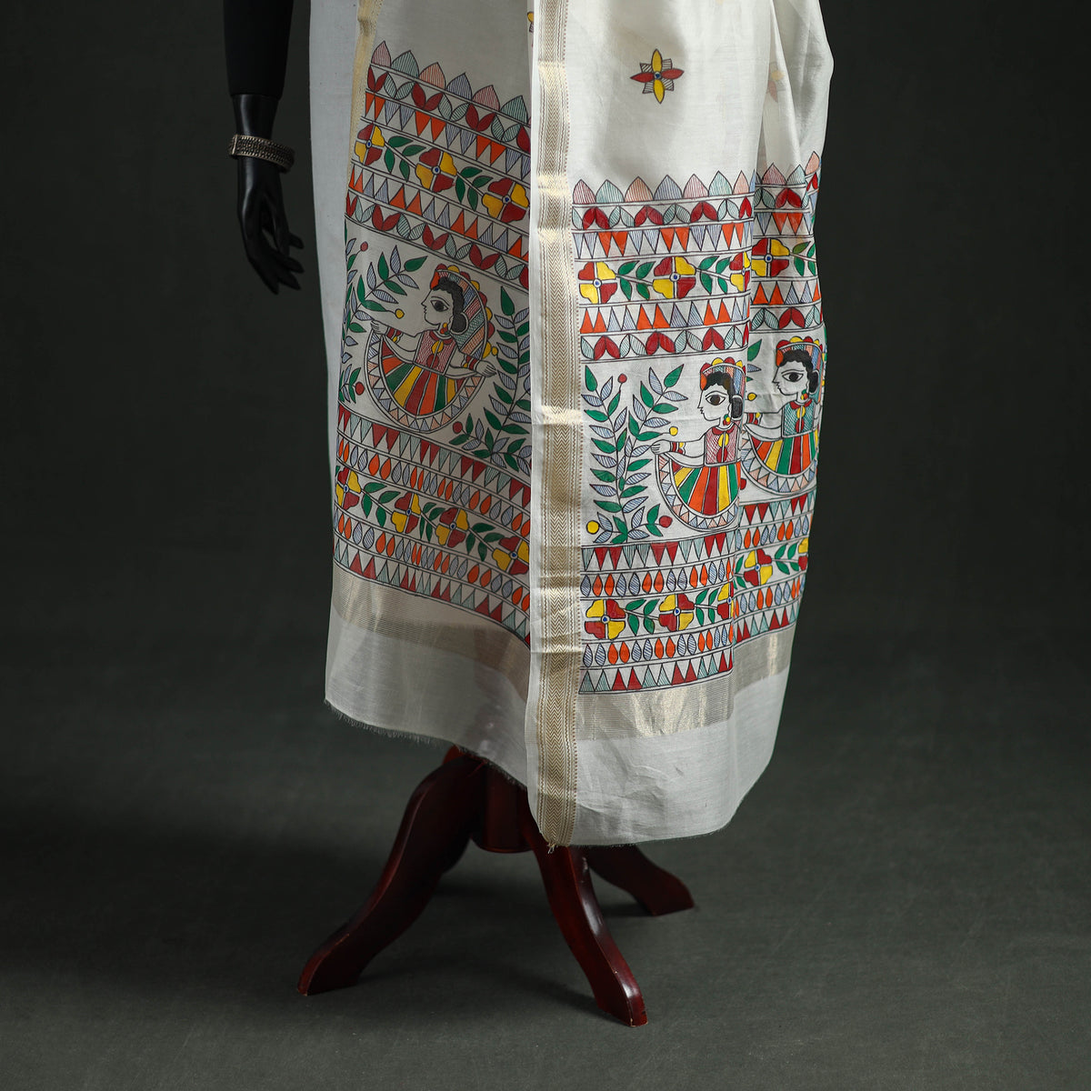Handloom Chanderi Silk Handpainted Madhubani Dupatta with Zari Border 30