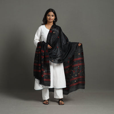 Black - Bengal Matka Tussar Silk Handloom Dupatta 38