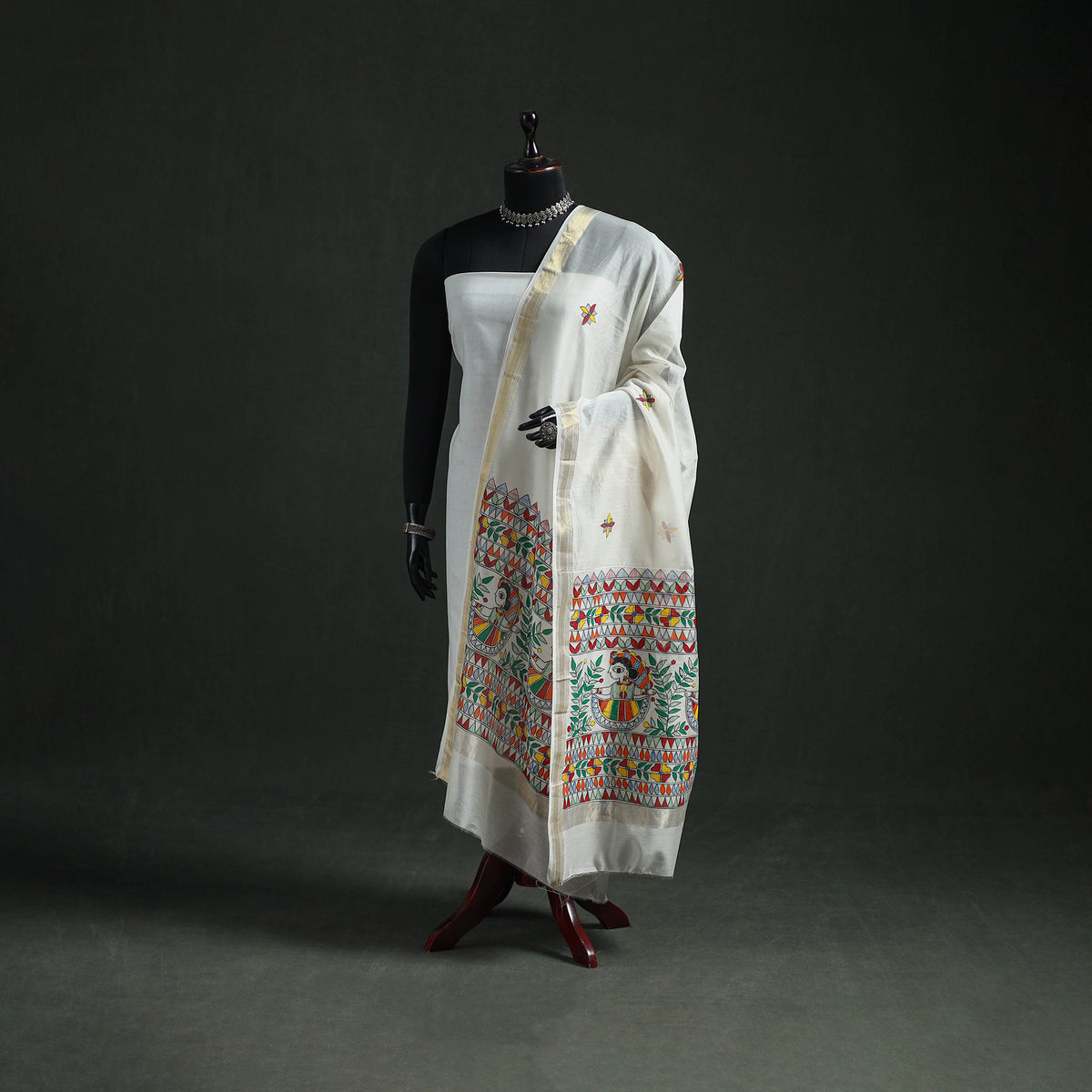 Handloom Chanderi Silk Handpainted Madhubani Dupatta with Zari Border 31