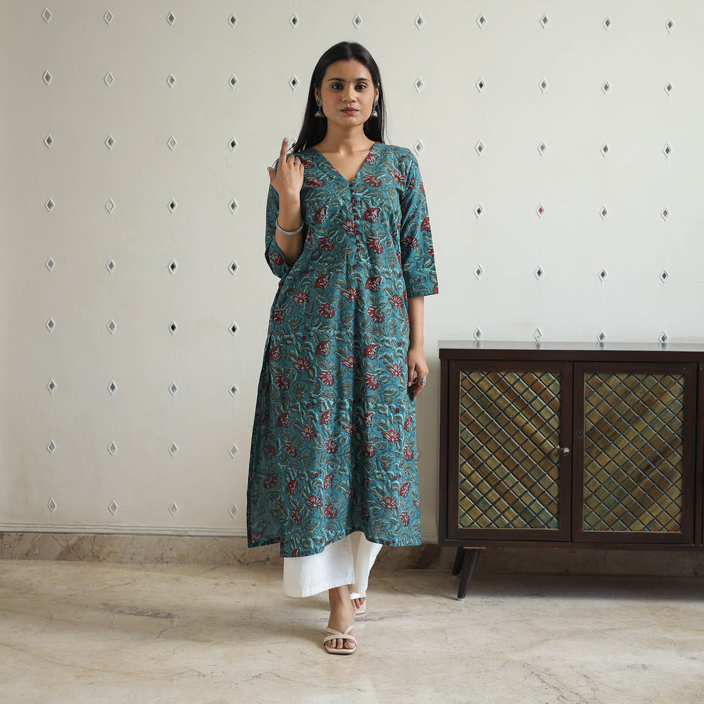 Green - Hand Block Printed Cotton Straight Bagru Kurta 07