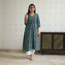Blue Hand Block Print Cotton Straight Bagru Kurta for Women
