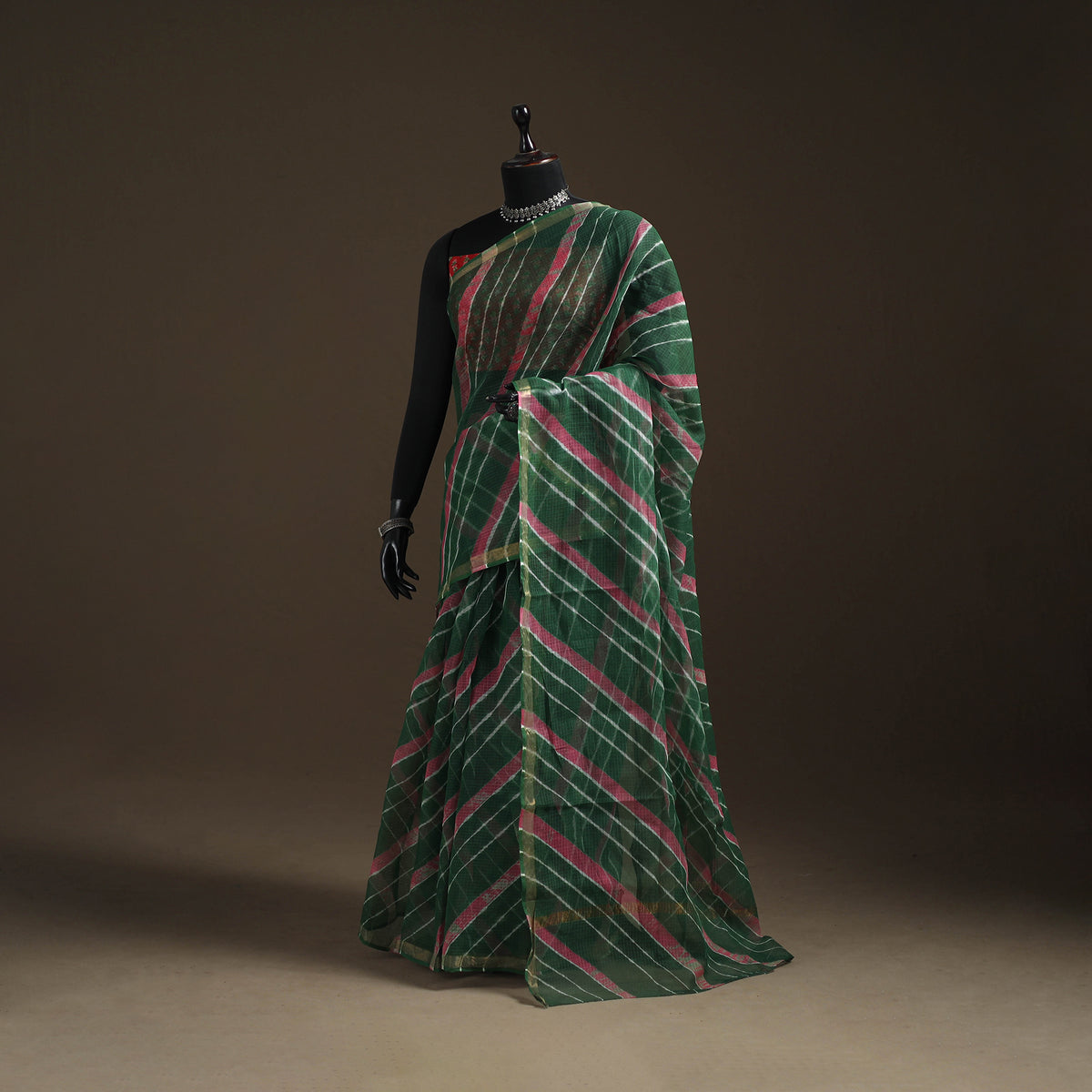 Green - Kota Doria Cotton Leheriya Tie-Dye Saree with Blouse Piece & Earrings 07