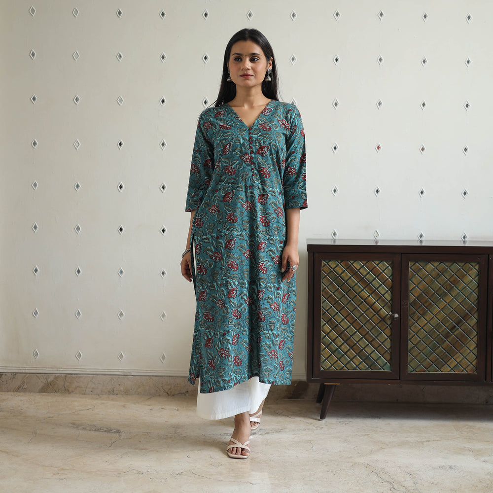 Green - Hand Block Printed Cotton Straight Bagru Kurta 07