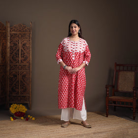 Gota Work Floral Sanganeri Block Print Cotton Straight Long Kurta for Women 08