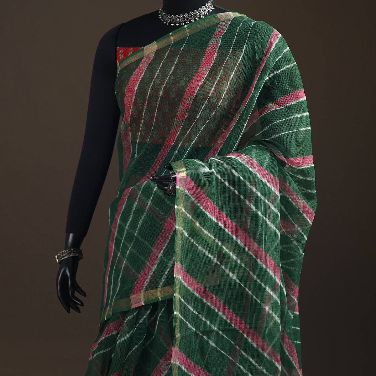 Green - Kota Doria Cotton Leheriya Tie-Dye Saree with Blouse Piece & Earrings 07