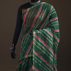 Green - Kota Doria Cotton Leheriya Tie-Dye Saree with Blouse Piece & Earrings 07