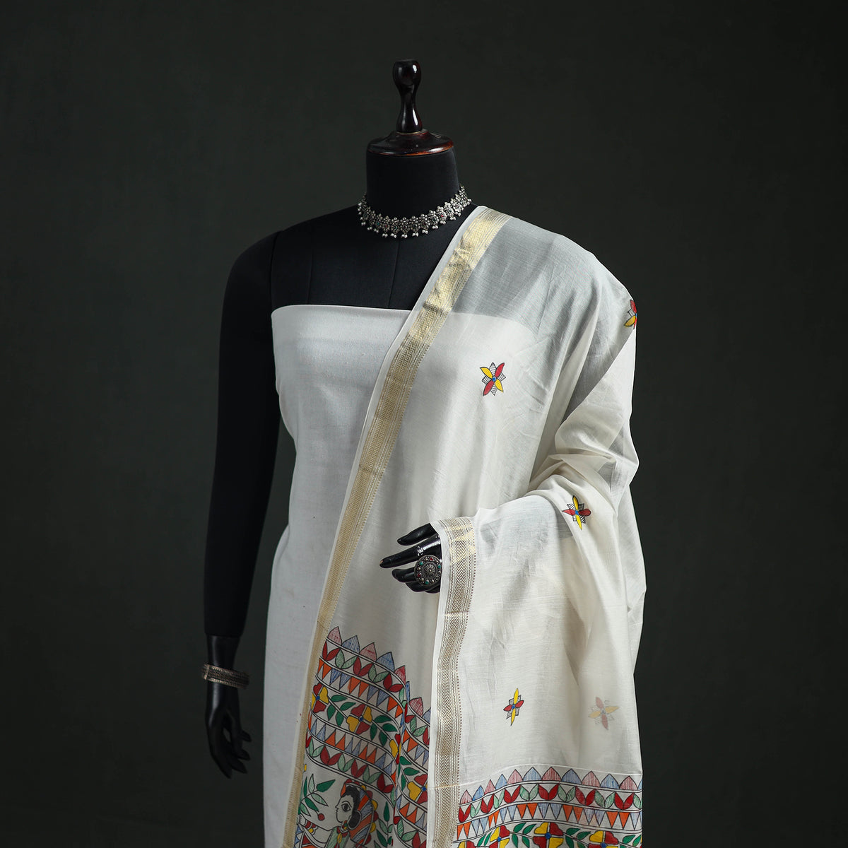 Handloom Chanderi Silk Handpainted Madhubani Dupatta with Zari Border 31
