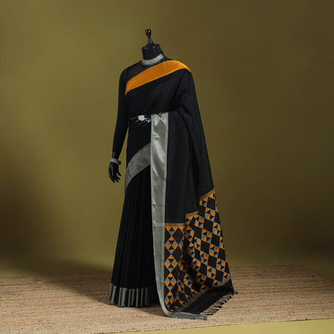 Black - handloom silk cotton damru pallu maheshwari saree