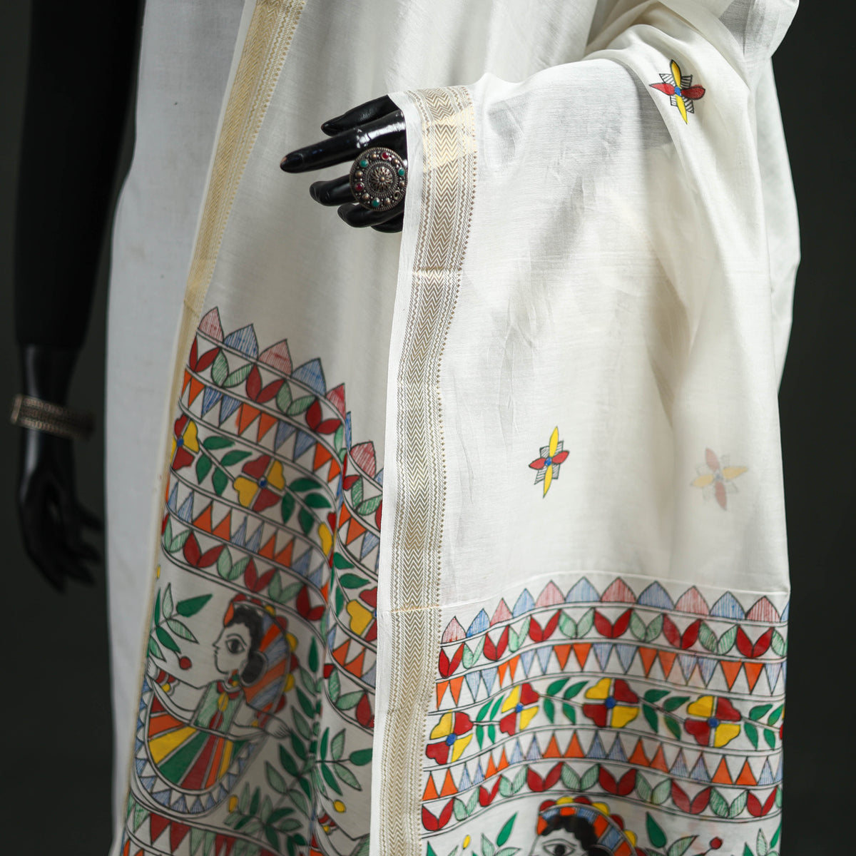 Handloom Chanderi Silk Handpainted Madhubani Dupatta with Zari Border 31