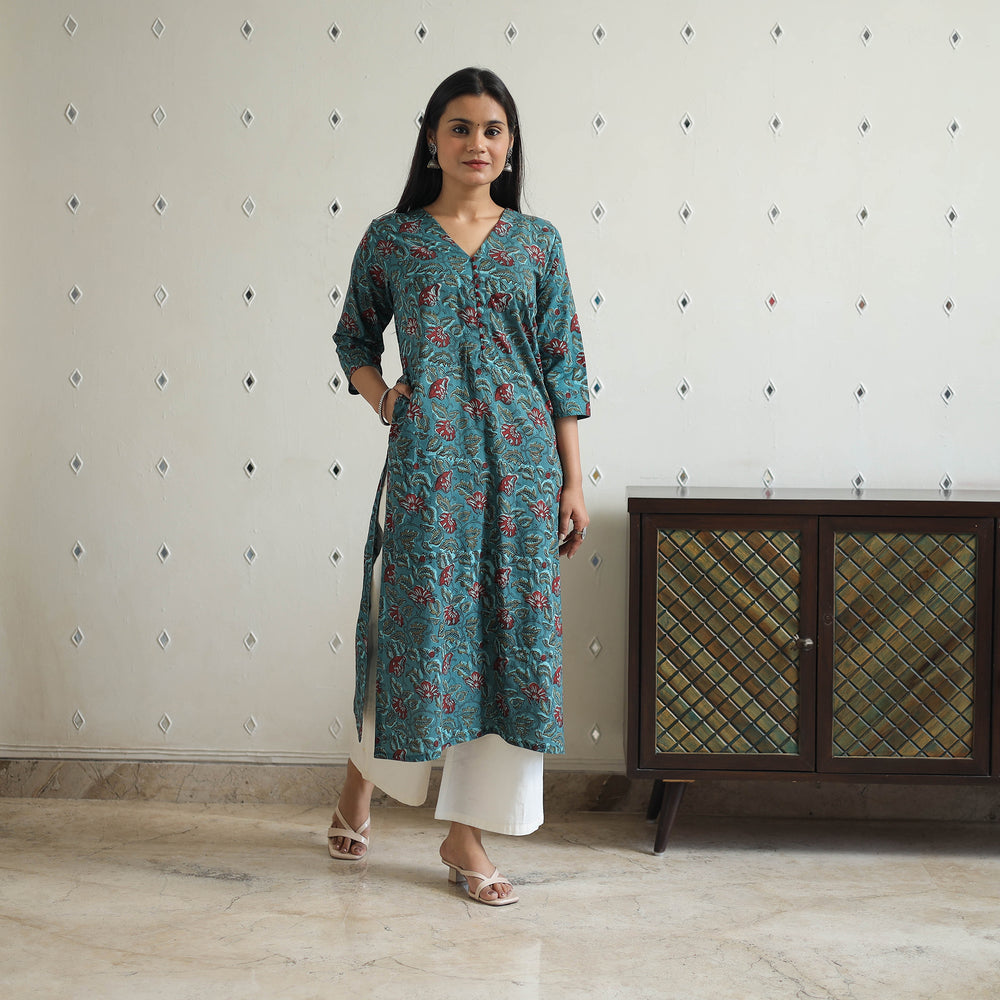 Green - Hand Block Printed Cotton Straight Bagru Kurta 07