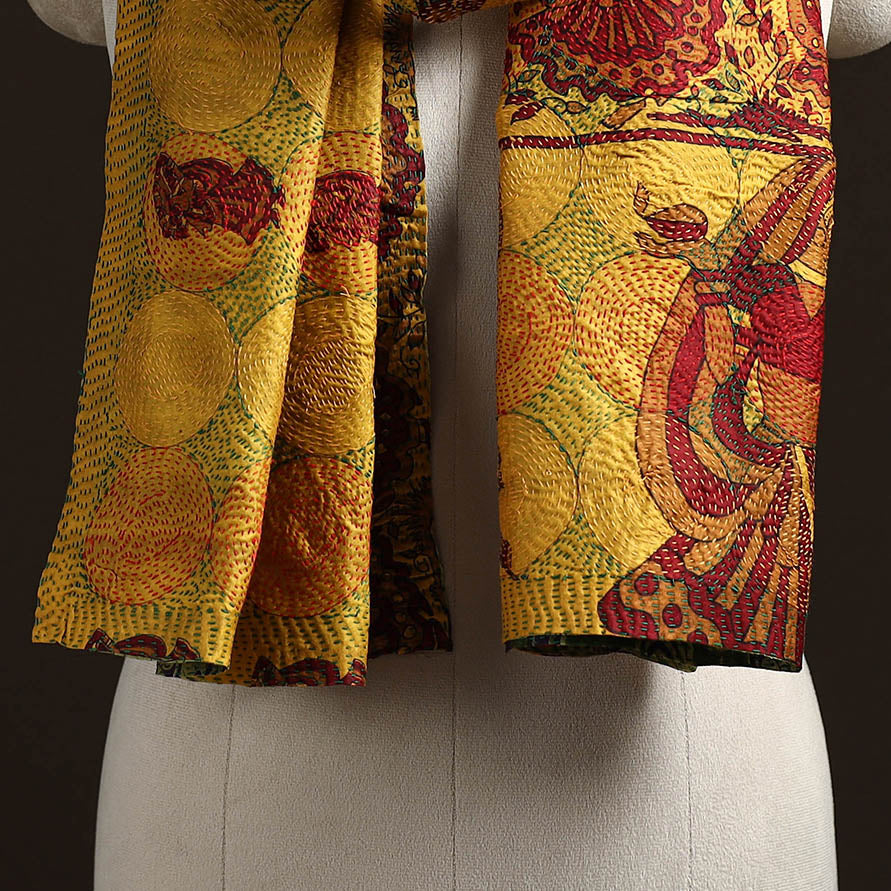 Yellow - Reversible Silk Bengal Hand Kantha Stitch Stole 111