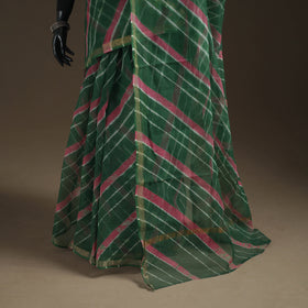 Green - Kota Doria Cotton Leheriya Tie-Dye Saree with Blouse Piece & Earrings 07
