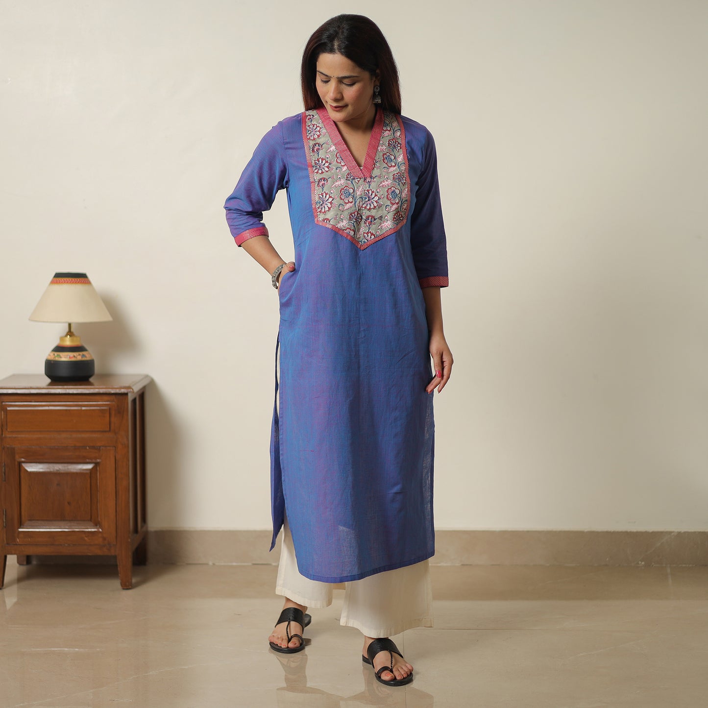 Blue - Dharwad Cotton Straight Kurta with Sanganeri Patchwork 02