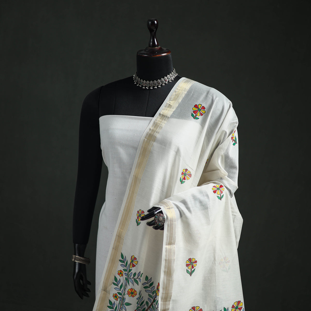 Handloom Chanderi Silk Handpainted Madhubani Dupatta with Zari Border 32