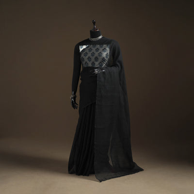 Black - Nazaakat Kota Doria Cotton Plain Saree with Blouse Piece & Earrings 08