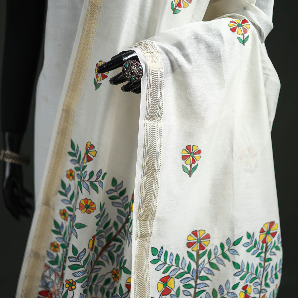 Handloom Chanderi Silk Handpainted Madhubani Dupatta with Zari Border 32