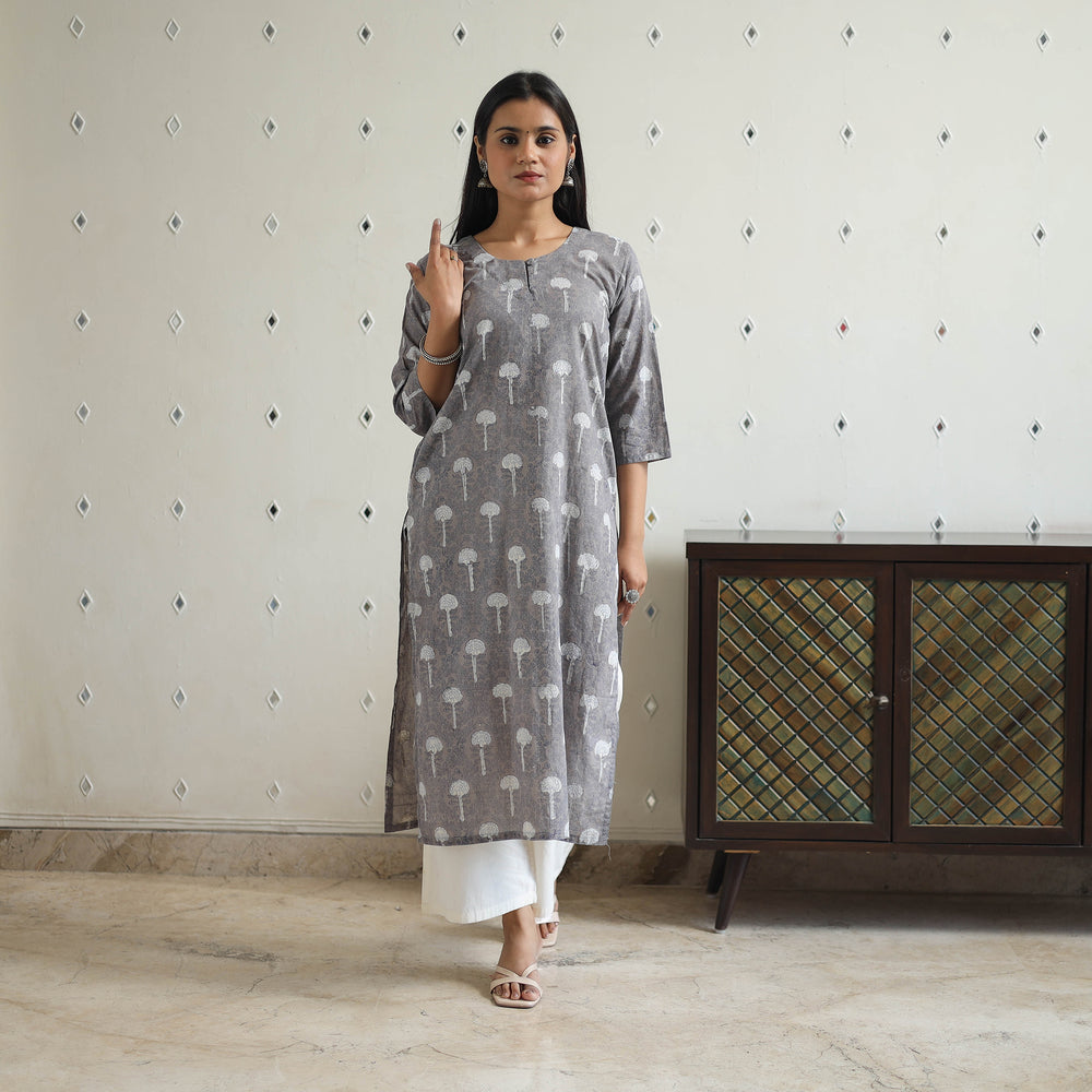 Grey - Hand Block Printed Cotton Straight Bagru Kurta 06