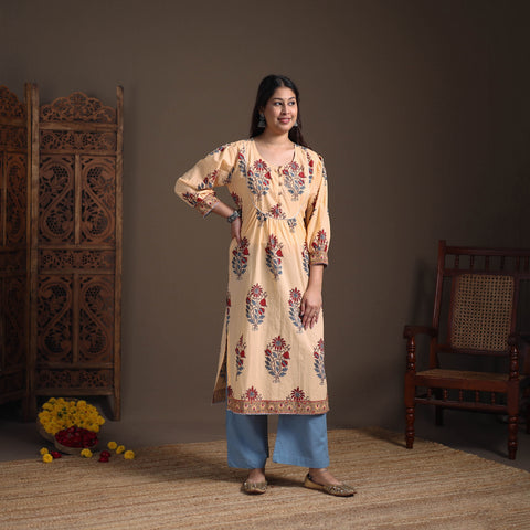 Gota Work Floral Sanganeri Block Print Cotton Straight Long Kurta for Women 03