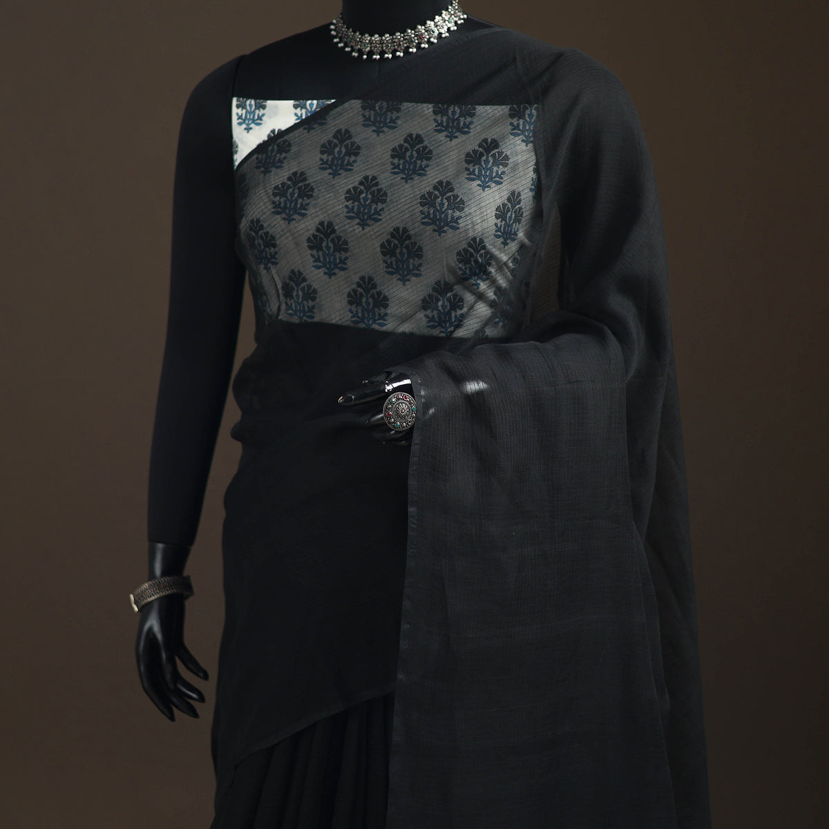 Black - Nazaakat Kota Doria Cotton Plain Saree with Blouse Piece & Earrings 08