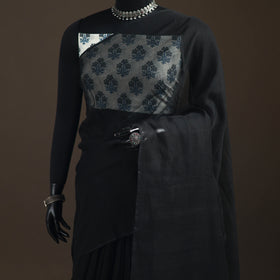 Black - Nazaakat Kota Doria Cotton Plain Saree with Blouse Piece & Earrings 08