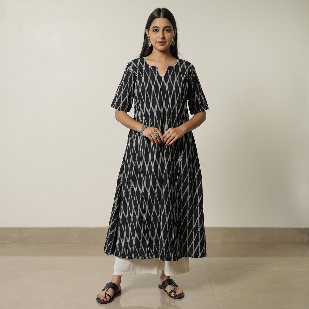 Black - Pochampally Ikat Weave Cotton A-Line Kurta 03