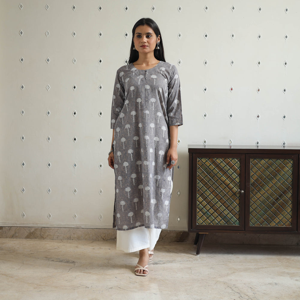 Grey - Hand Block Printed Cotton Straight Bagru Kurta 06