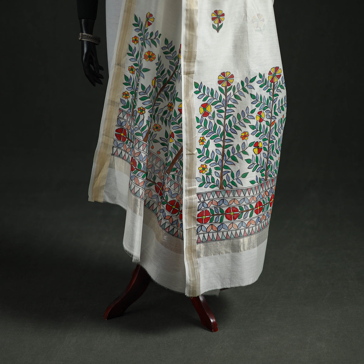 Handloom Chanderi Silk Handpainted Madhubani Dupatta with Zari Border 32