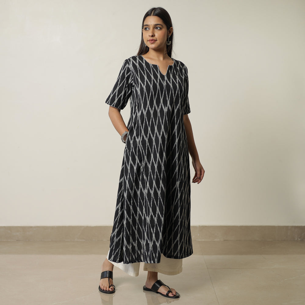 Black - Pochampally Ikat Weave Cotton A-Line Kurta 03