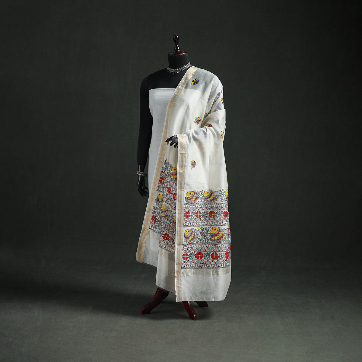 Handloom Chanderi Silk Handpainted Madhubani Dupatta with Zari Border 33
