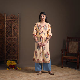 Gota Work Floral Sanganeri Block Print Cotton Straight Long Kurta for Women 03