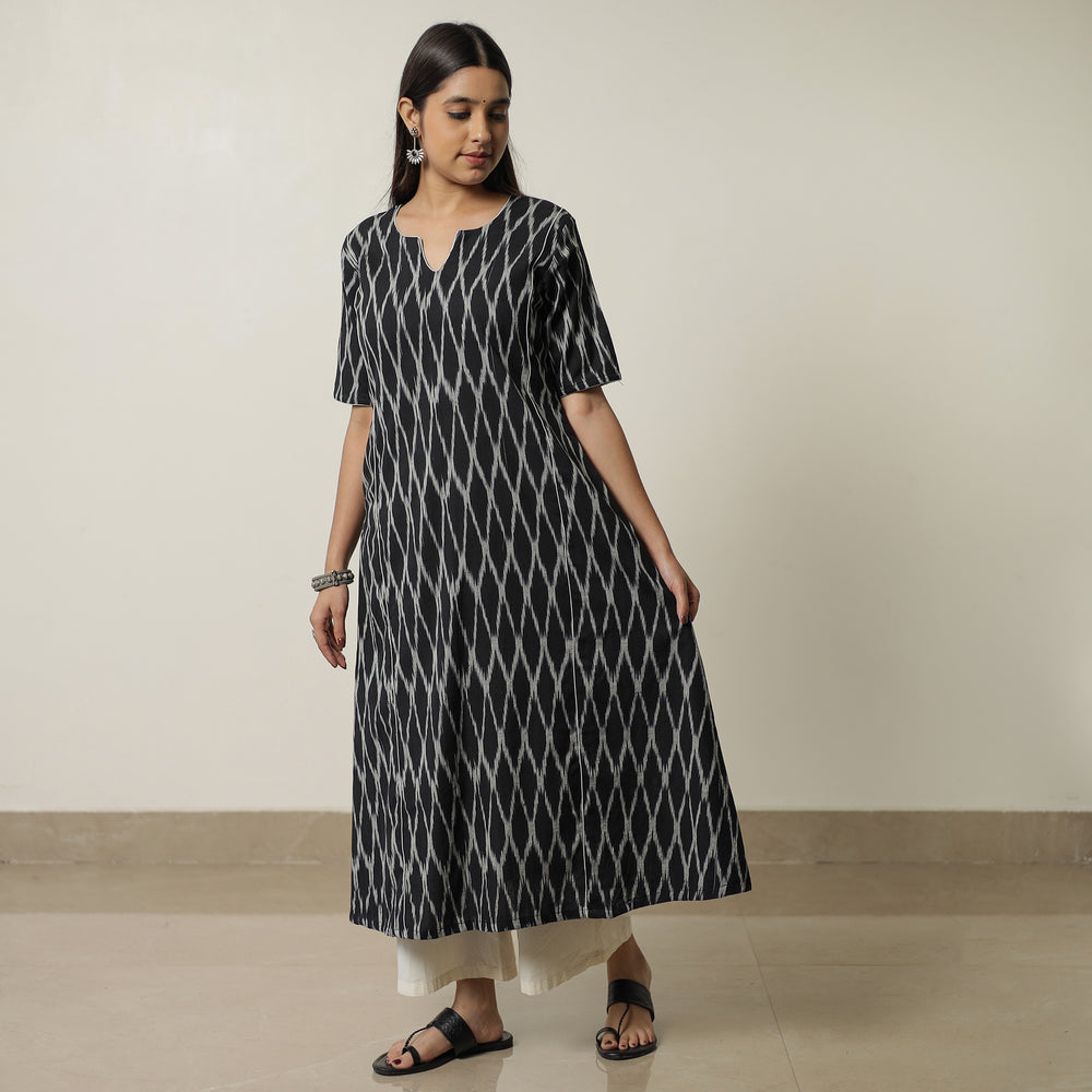 Black - Pochampally Ikat Weave Cotton A-Line Kurta 03