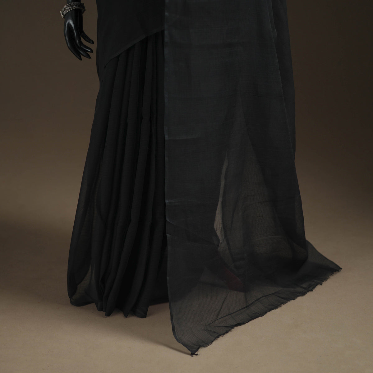 Black - Nazaakat Kota Doria Cotton Plain Saree with Blouse Piece & Earrings 08