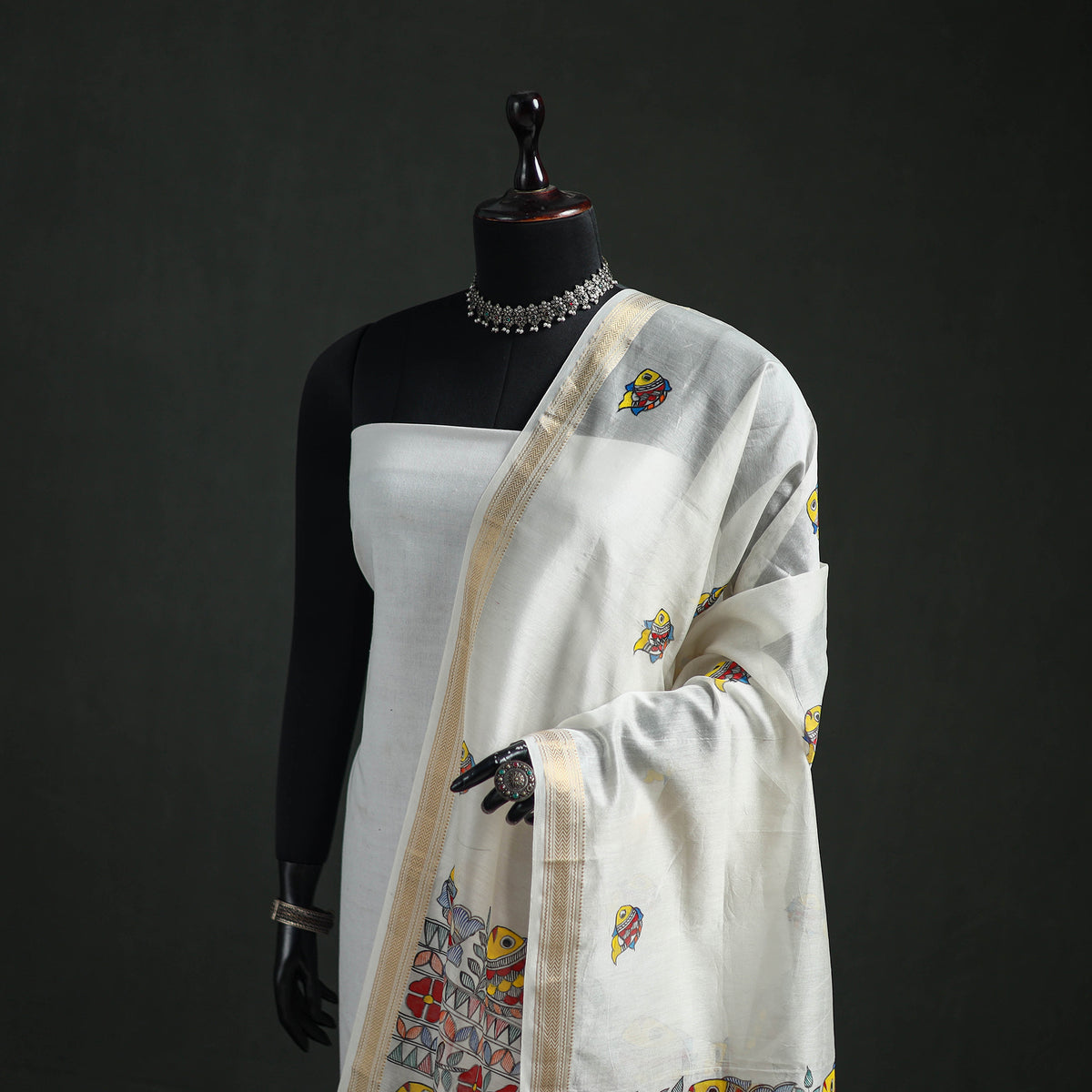 Handloom Chanderi Silk Handpainted Madhubani Dupatta with Zari Border 33