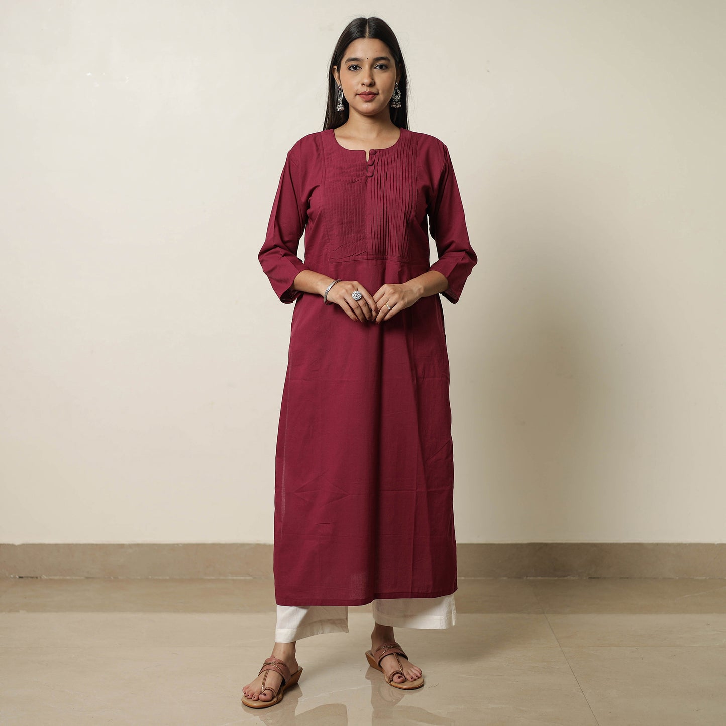 Maroon - Plain Cotton Pintuck Long Kurta 21