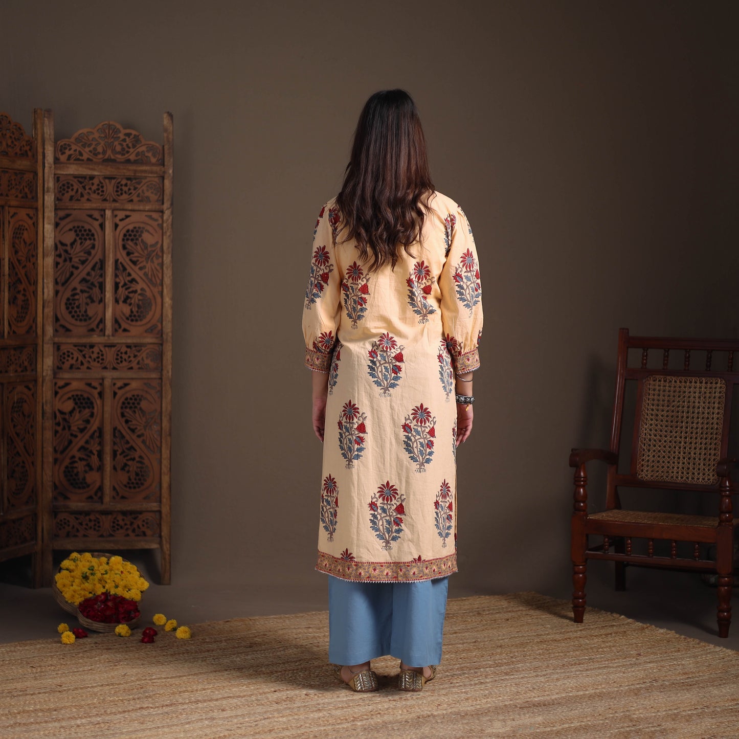 Gota Work Floral Sanganeri Block Print Cotton Straight Long Kurta for Women 03