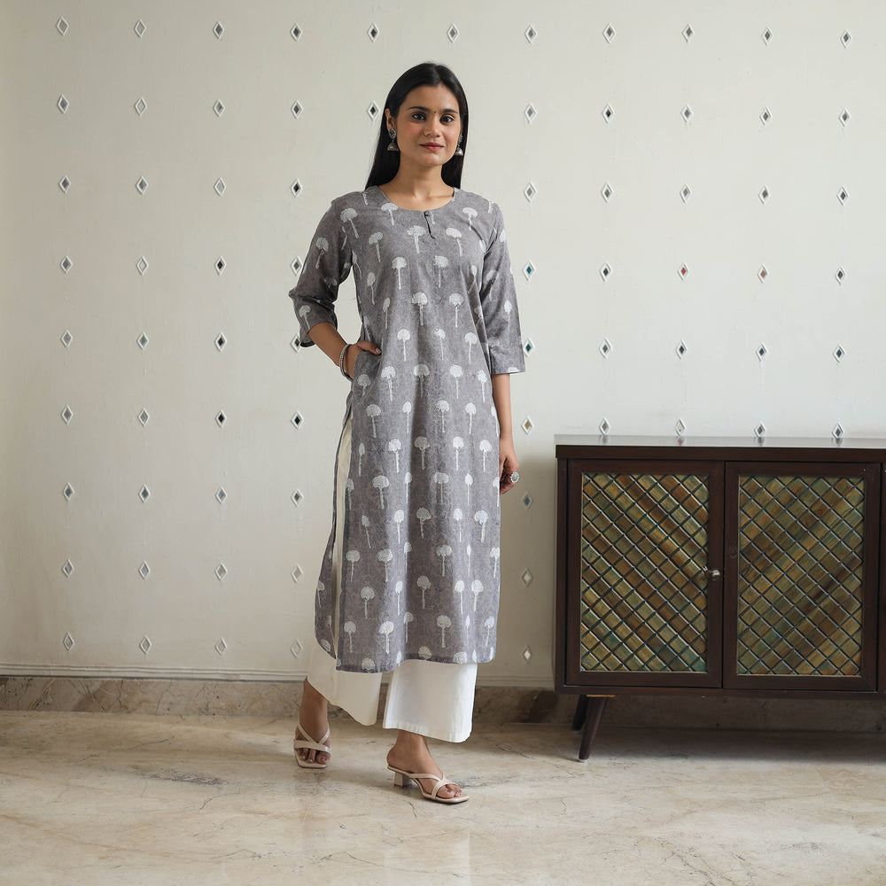 Grey - Hand Block Printed Cotton Straight Bagru Kurta 06