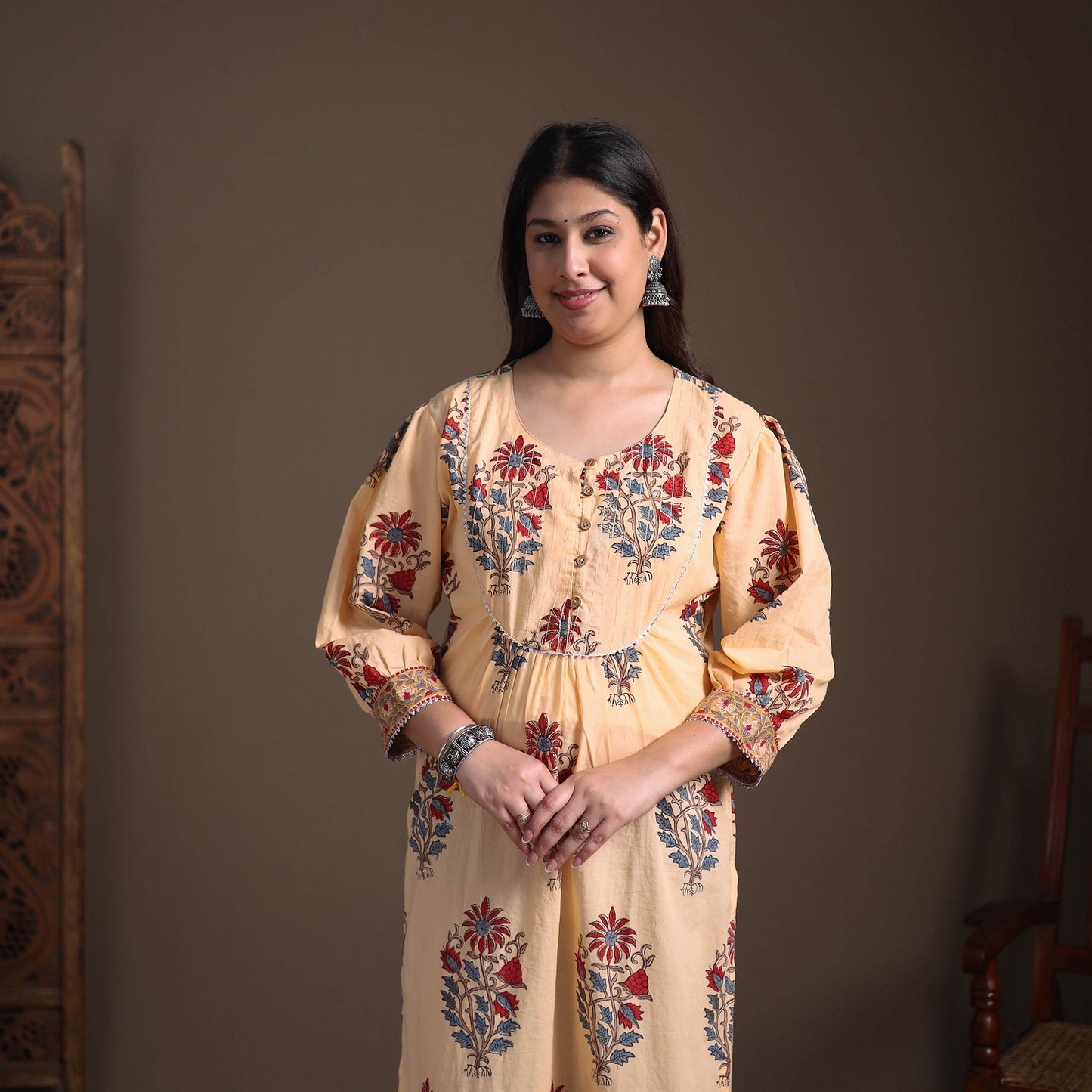 Gota Work Floral Sanganeri Block Print Cotton Straight Long Kurta for Women 03