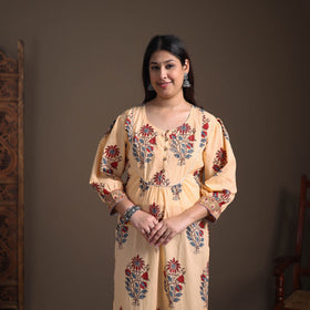 Gota Work Floral Sanganeri Block Print Cotton Straight Long Kurta for Women 03