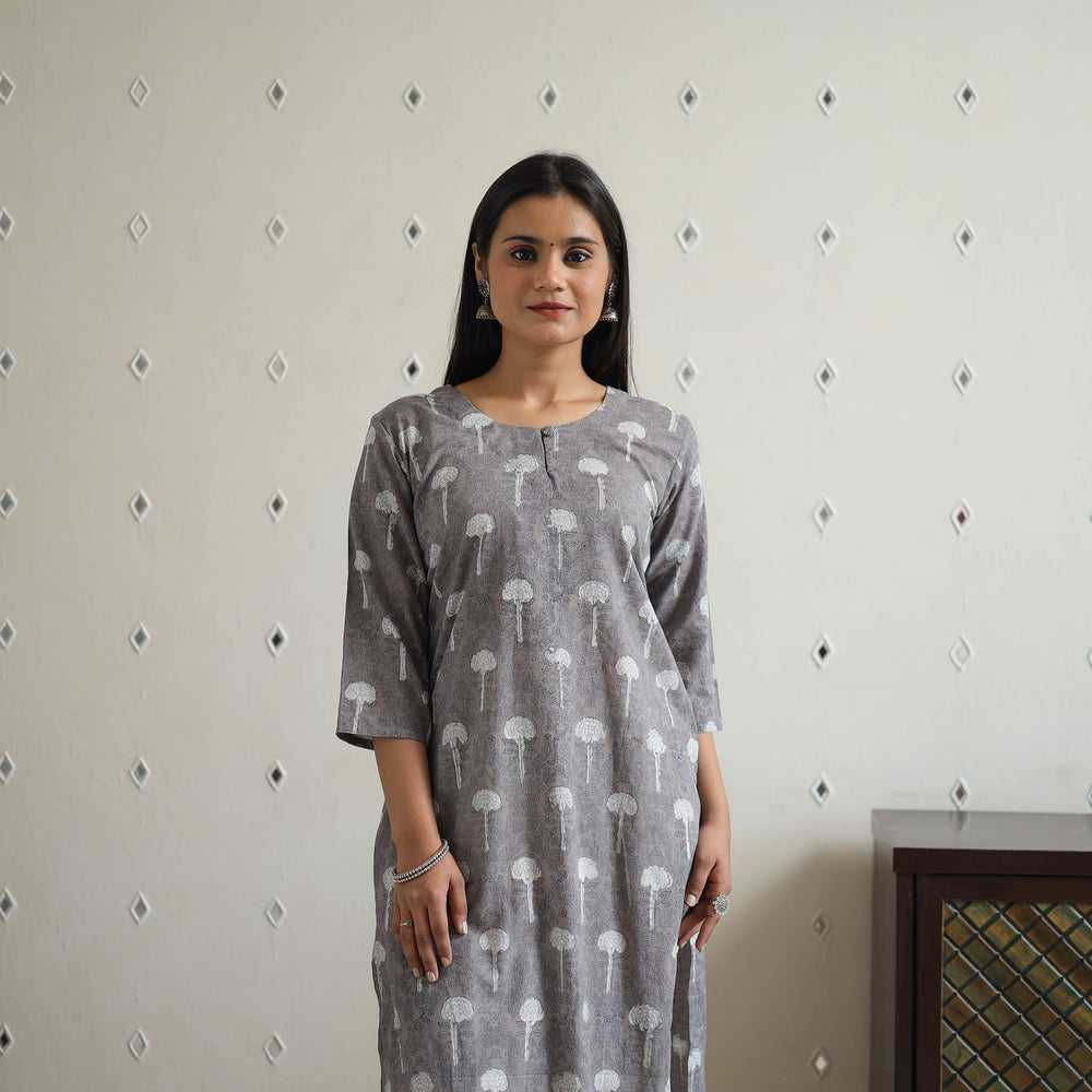 Grey - Hand Block Printed Cotton Straight Bagru Kurta 06