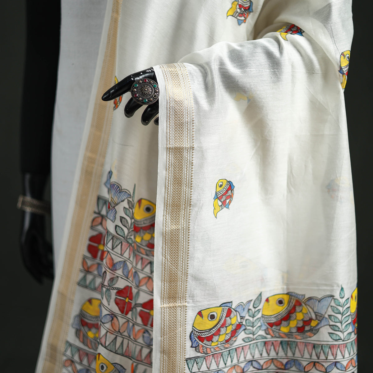 Handloom Chanderi Silk Handpainted Madhubani Dupatta with Zari Border 33