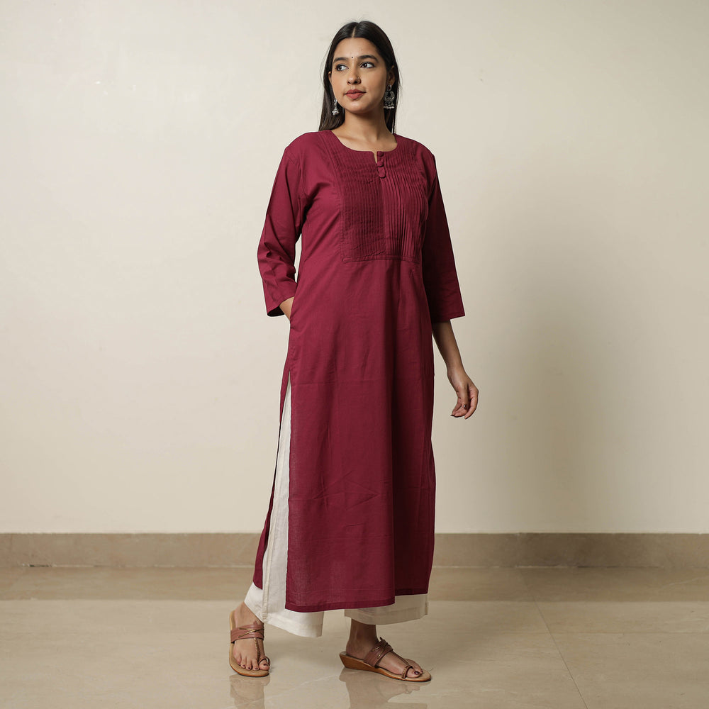 Maroon - Plain Cotton Pintuck Long Kurta 21